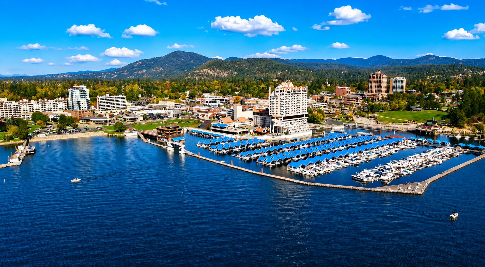 Aerial view of downtown Coeur d'Alene, the resort, and the marina on Lake Coeur d'Alene