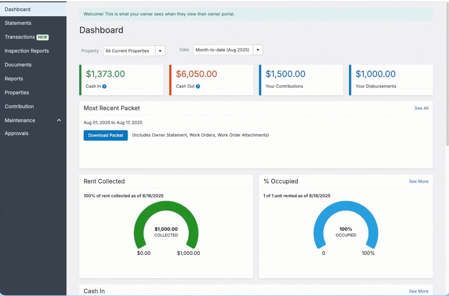 A+ Property Managers owner portal dashboard showing cash flow, statements, rent collected, and occupancy
